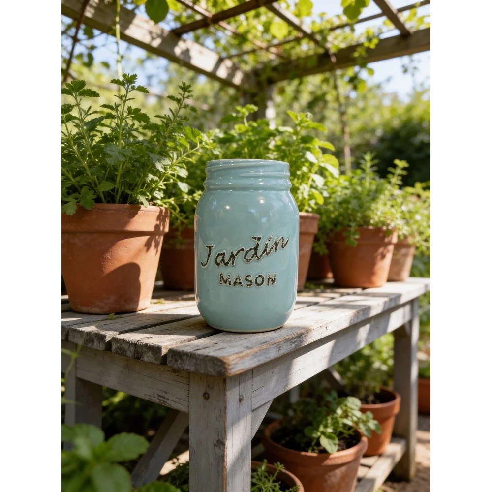 Jardin Mason Jar Ceramic Vase Planter Light Blue Farmhouse Decor - Picture 2 of 6